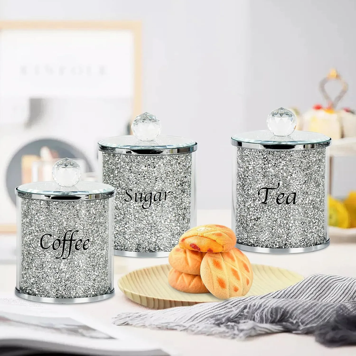 Topsky Coffee Sugar Tea Crystal Canister Set of 3,Sparkly Crystal Crushed Diamonds Home Decor,Silver Kitchen Coffee Jar Storage Set with Label & Lid,Storage Container Set for Countertop,Dining Room