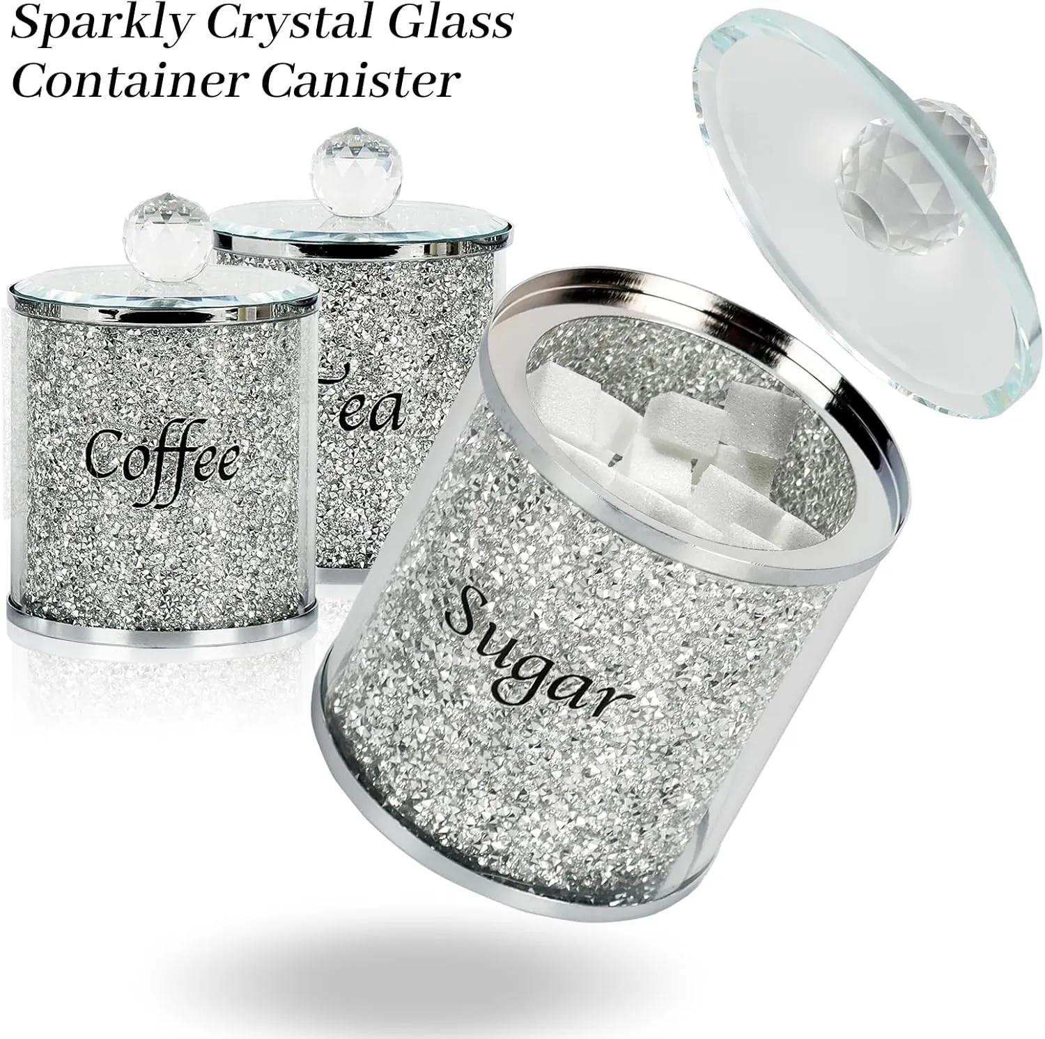 Topsky Coffee Sugar Tea Crystal Canister Set of 3,Sparkly Crystal Crushed Diamonds Home Decor,Silver Kitchen Coffee Jar Storage Set with Label & Lid,Storage Container Set for Countertop,Dining Room