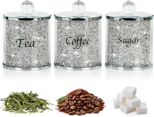 Topsky Coffee Sugar Tea Crystal Canister Set of 3,Sparkly Crystal Crushed Diamonds Home Decor,Silver Kitchen Coffee Jar Storage Set with Label & Lid,Storage Container Set for Countertop,Dining Room