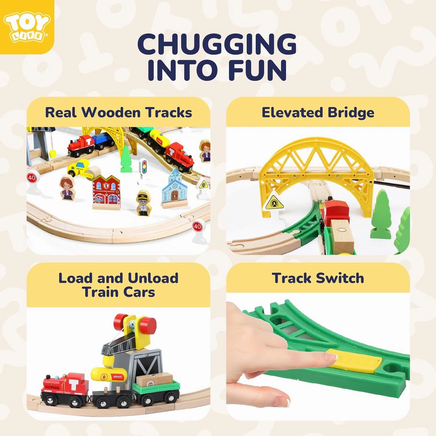 TOY Life Wooden Train Set 60pcs with Magnetic Crane, Wooden Train Tracks Toys for Toddlers Boys Girls 3 4 5, 3 Year Old Boy Gift, Wood Toys Toddler Train for Kids 4-8 - Fits Thomas Brio Chuggington