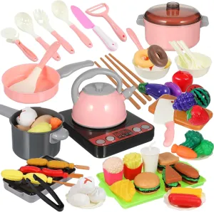 TOYANDONA 86pcs Pretend Play Kitchen Accessories, Pretend Cooking Set Kitchen Toys Play Food Sets for Kids Toy Kitchen Accessories for Girls Toddler Kitchen Playset (Pink)