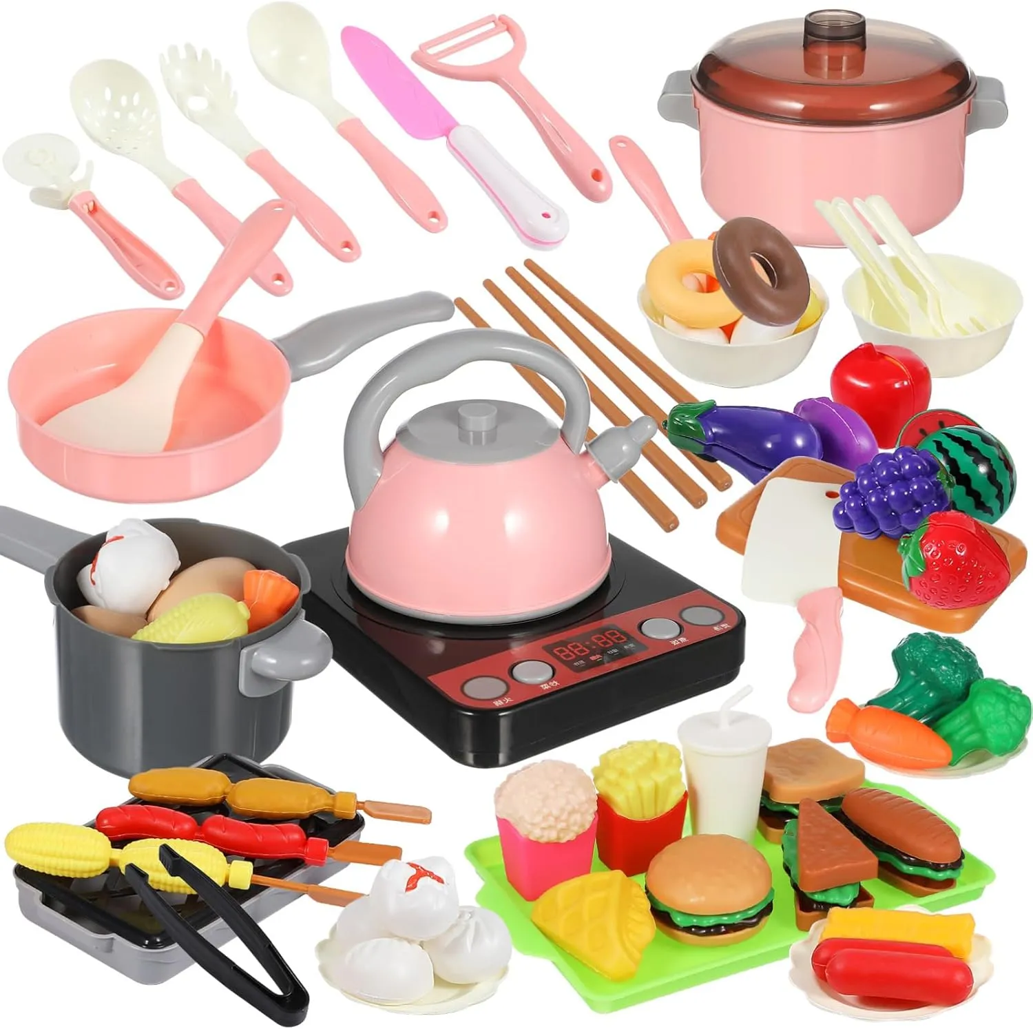 TOYANDONA 86pcs Pretend Play Kitchen Accessories, Pretend Cooking Set Kitchen Toys Play Food Sets for Kids Toy Kitchen Accessories for Girls Toddler Kitchen Playset (Pink)