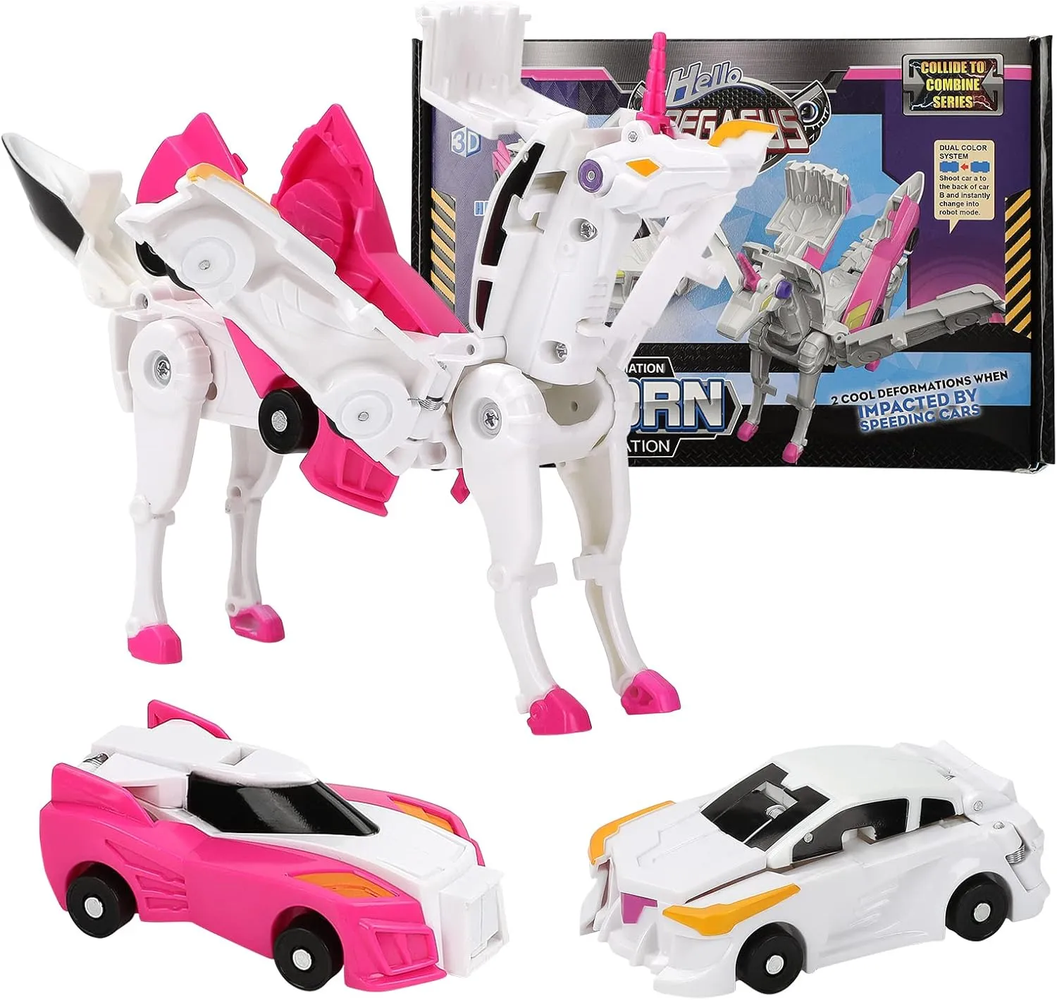 Transforming Car Robot Toys, Unicorn Racing Car Set,Unicorn Car for Boys and Girls with Magnetic Connections,Transforming Toys Educational, Collision to Magical Unicorns, Birthday Party