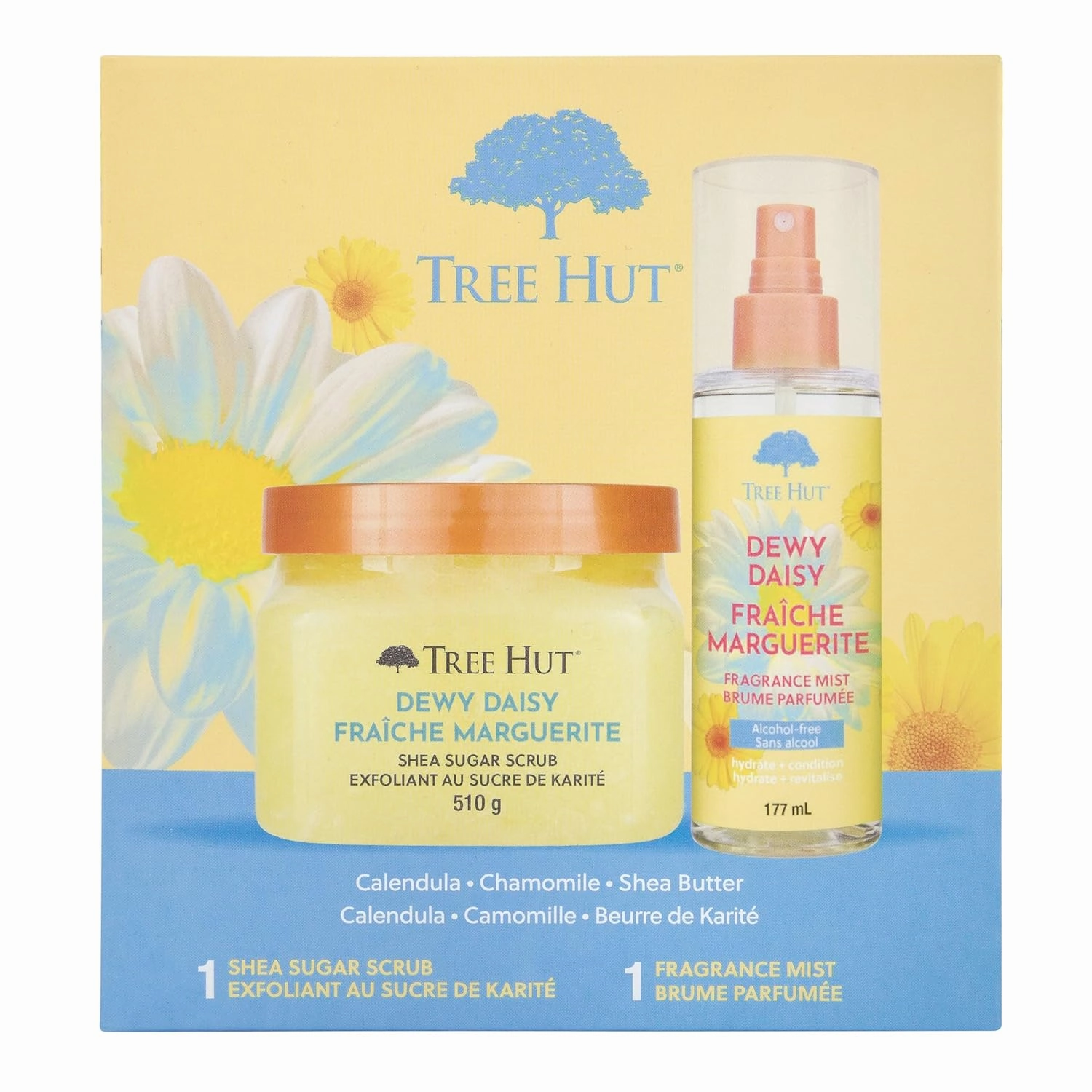 Tree Hut Dewy Daisy Gift Set | Exfoliating Body Scrub & Hydrating Body Spray | Long-lasting Scent | Skin Care Bundle | Vegan | 18 & 6 Fl oz.