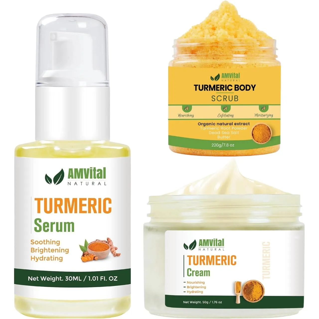 Turmeric Skincare Set - Scrub, Serum, Cream - Handcrafted, All-Natural - Suitable for All Skin Types