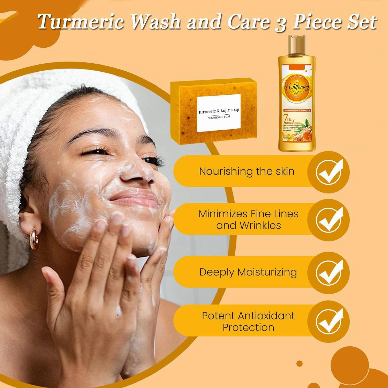 Turmeric Kojic Soap Bar & Oil for Face & Body, Nautral Ingredients with Ginger, Soothing, Hydrating Skin, Evens Tone, Turmeric Skin Care Set for All Skin Type (2)