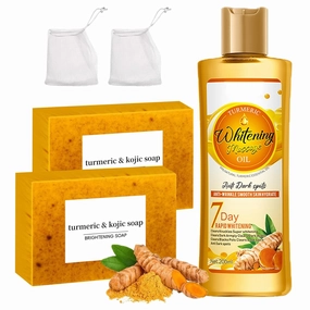 Turmeric Kojic Soap Bar & Oil for Face & Body, Nautral Ingredients with Ginger, Soothing, Hydrating Skin, Evens Tone, Turmeric Skin Care Set for All Skin Type (2)