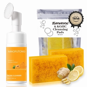 Turmeric Wash and Care Three Piece Set – Turmeric Face Wash with Brush, Exfoliating Facial Pads, Cleansing Soap Bars & Turmeric Oil – Jabon de Curcuma, Natural Skincare for Face & Body