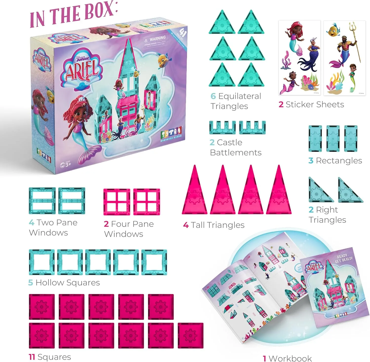 Tytan Official Disney Junior Ariel Magnetic Tile Set – 41-Piece STEAM Building Toy with Reusable Stickers & Workbook – Undersea Adventures for Kids Ages 3 Toys