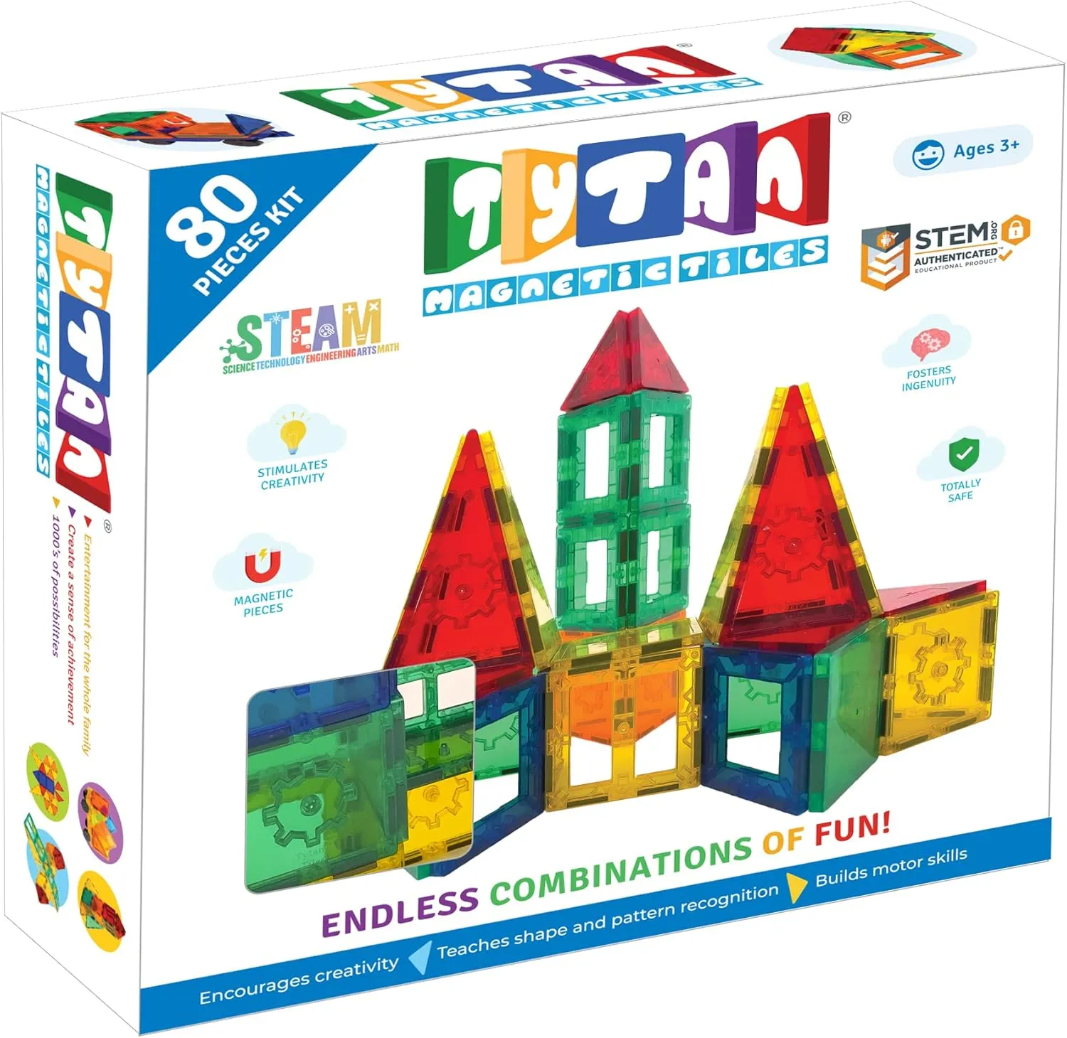 Tytan Tiles 80-Piece Magnetic Tiles Building Set, Ergonomic Design, Kids’ STEM Toy, Race Cars, Architectural Building, Creative Play, Pattern Recognition, Includes Storage Bag, Ages 3 and Up