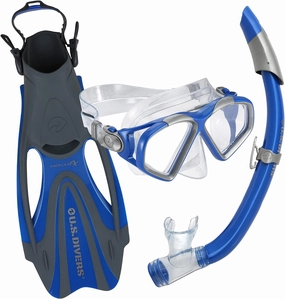 U.S. Divers Cozumel DX Seabreeze Adult Snorkeling Combo Set with Adjustable Mask, Snorkel, and Medium Fins (Men's 8-9.5/Women's 9.5-11),Blue/Silver,SR2594016ML