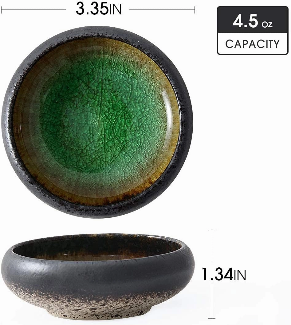 Uaral Soy Sauce Dishes Japanese Dipping Sauce Bowls Pinch Bowl Stoneware Small Dish Set of 6,3.35 Inch(4.5 oz Ice Crack Green)