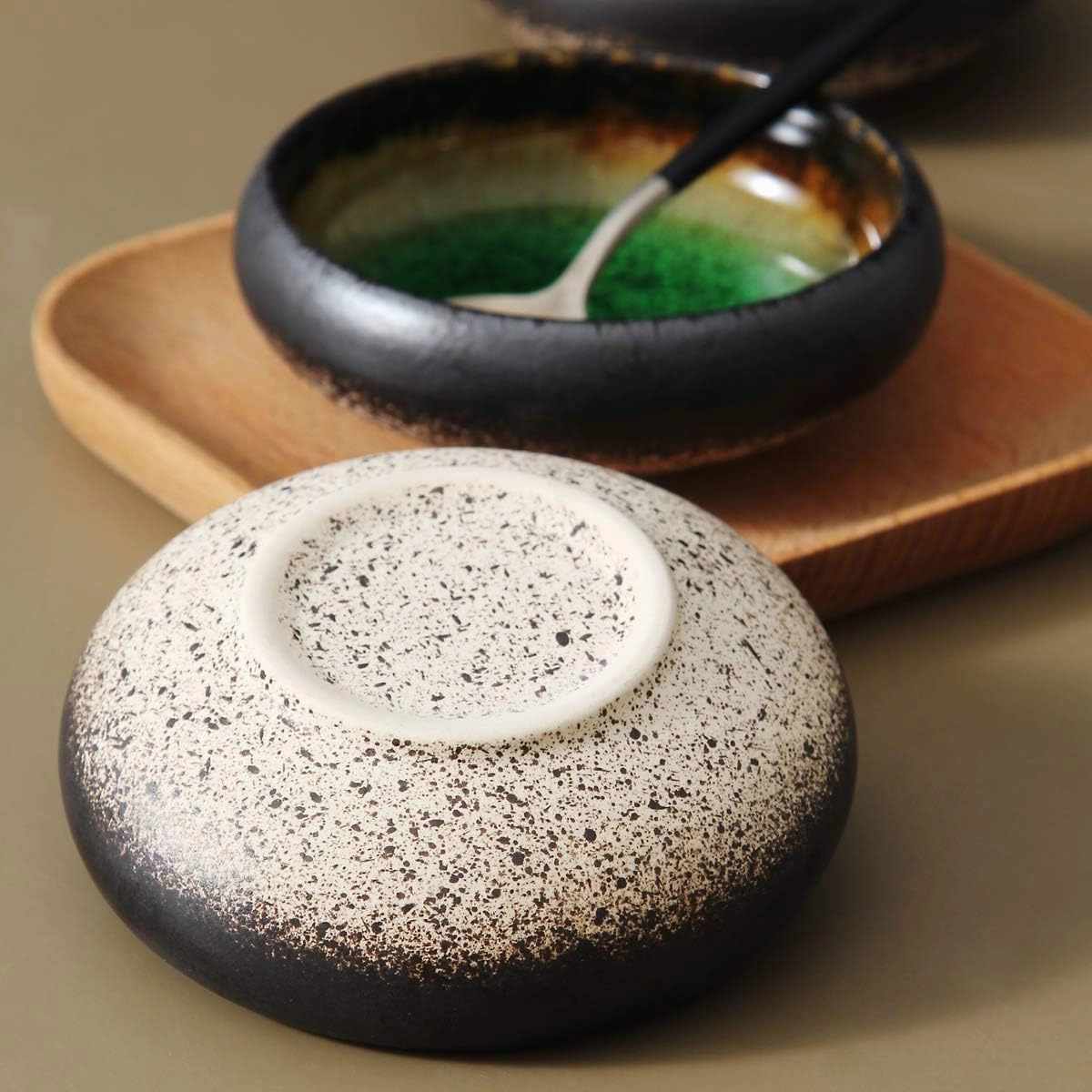 Uaral Soy Sauce Dishes Japanese Dipping Sauce Bowls Pinch Bowl Stoneware Small Dish Set of 6,3.35 Inch(4.5 oz Ice Crack Green)