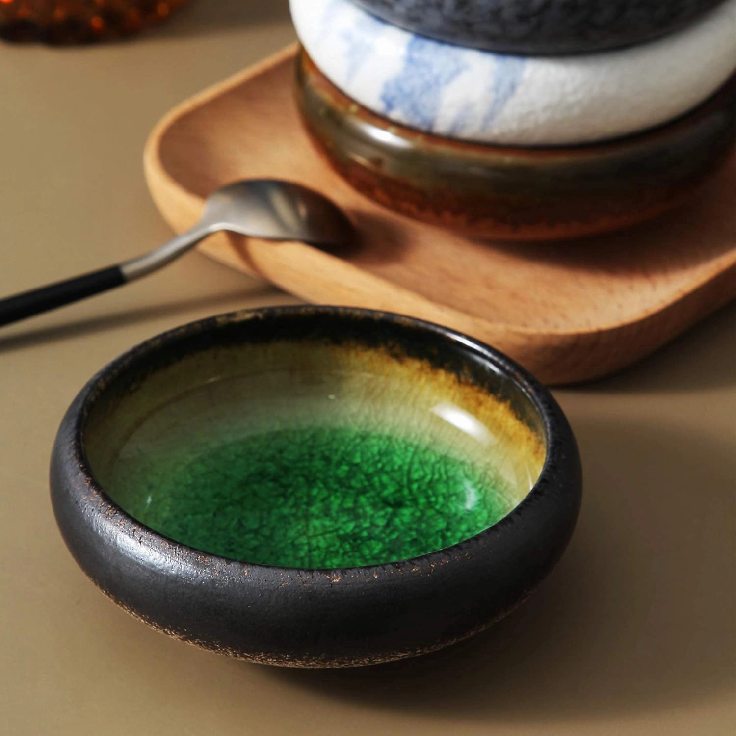 Uaral Soy Sauce Dishes Japanese Dipping Sauce Bowls Pinch Bowl Stoneware Small Dish Set of 6,3.35 Inch(4.5 oz Ice Crack Green)