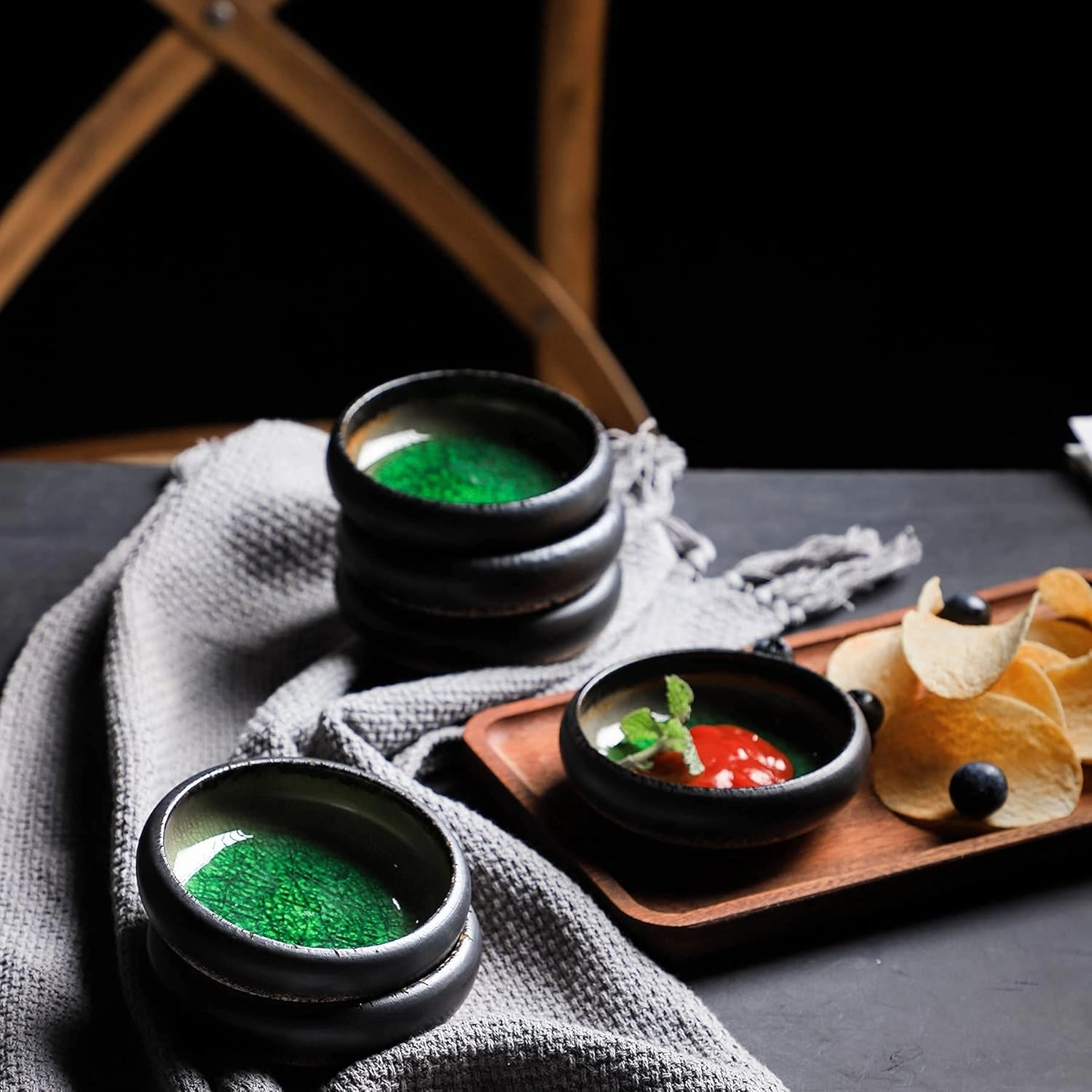 Uaral Soy Sauce Dishes Japanese Dipping Sauce Bowls Pinch Bowl Stoneware Small Dish Set of 6,3.35 Inch(4.5 oz Ice Crack Green)