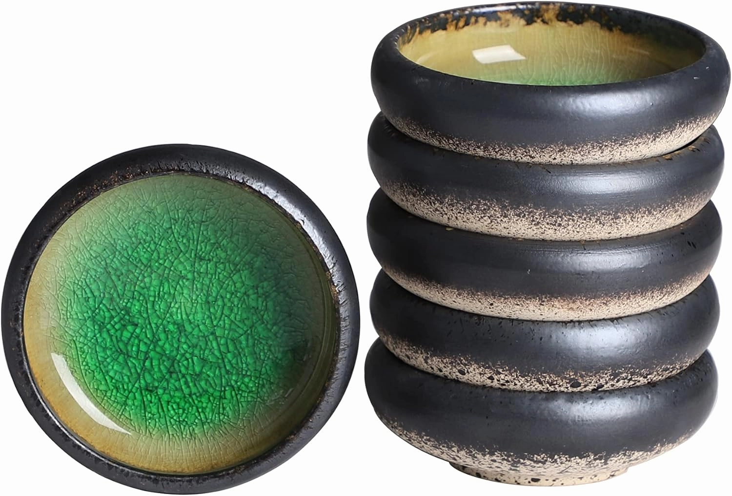 Uaral Soy Sauce Dishes Japanese Dipping Sauce Bowls Pinch Bowl Stoneware Small Dish Set of 6,3.35 Inch(4.5 oz Ice Crack Green)