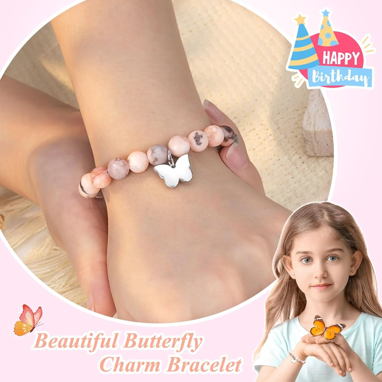 UNGENT THEM 6-16 Year Old Girls Birthday Butterfly Gifts, Butterfly Natural Stone Bracelet for Daughter Granddaughter Niece