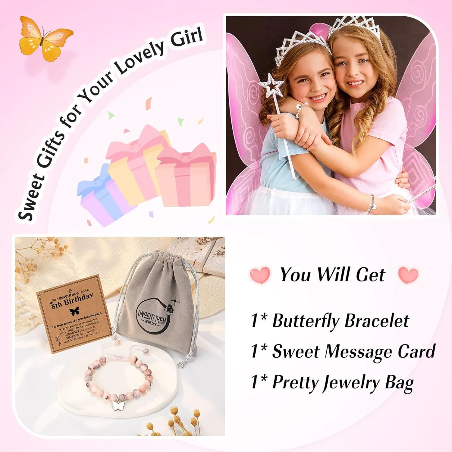 UNGENT THEM 6-16 Year Old Girls Birthday Butterfly Gifts, Butterfly Natural Stone Bracelet for Daughter Granddaughter Niece