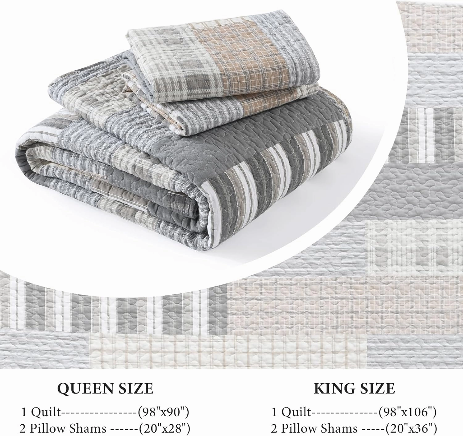 Uniclinens Quilt Set Queen Size, 100% Cotton Quilted Quilts Bedding Set Bedspreads, Farmhouse Patchwork Plaid Quilted Comforter Set, 3 Pieces Set with 2 Pillowshams, Cream/Grey/Brown