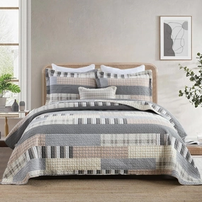 Uniclinens Quilt Set Queen Size, 100% Cotton Quilted Quilts Bedding Set Bedspreads, Farmhouse Patchwork Plaid Quilted Comforter Set, 3 Pieces Set with 2 Pillowshams, Cream/Grey/Brown