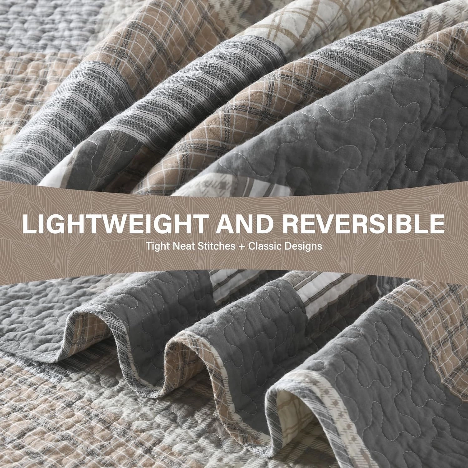 Uniclinens Quilt Set Queen Size, 100% Cotton Quilted Quilts Bedding Set Bedspreads, Farmhouse Patchwork Plaid Quilted Comforter Set, 3 Pieces Set with 2 Pillowshams, Cream/Grey/Brown