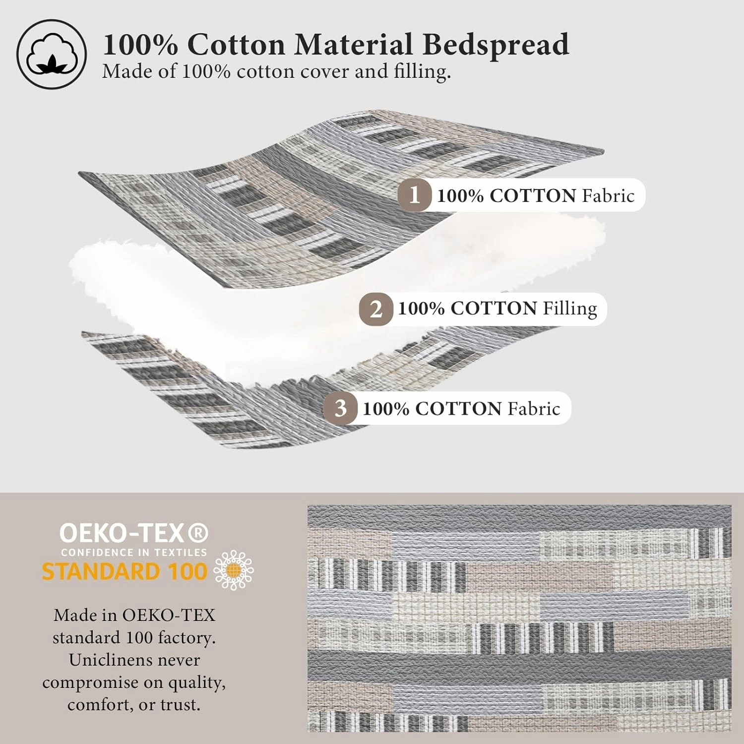 Uniclinens Quilt Set Queen Size, 100% Cotton Quilted Quilts Bedding Set Bedspreads, Farmhouse Patchwork Plaid Quilted Comforter Set, 3 Pieces Set with 2 Pillowshams, Cream/Grey/Brown