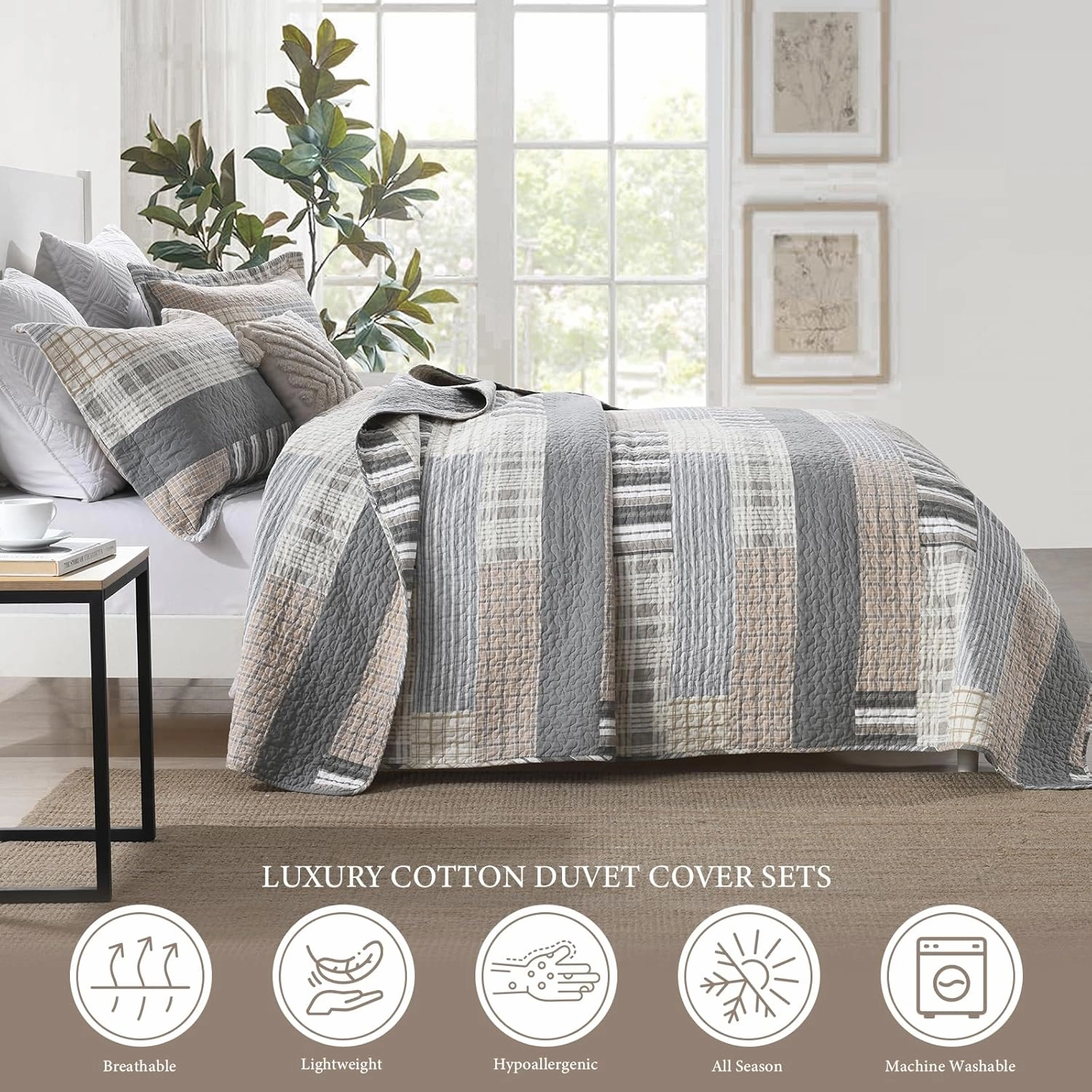 Uniclinens Quilt Set Queen Size, 100% Cotton Quilted Quilts Bedding Set Bedspreads, Farmhouse Patchwork Plaid Quilted Comforter Set, 3 Pieces Set with 2 Pillowshams, Cream/Grey/Brown