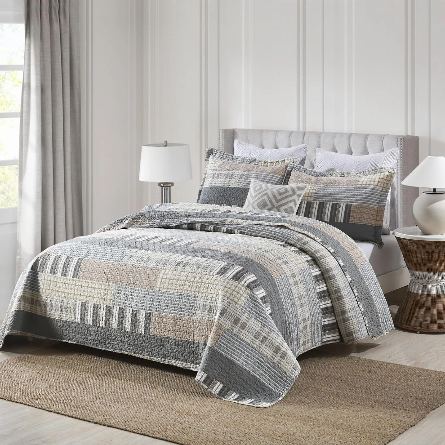 Uniclinens Quilt Set Queen Size, 100% Cotton Quilted Quilts Bedding Set Bedspreads, Farmhouse Patchwork Plaid Quilted Comforter Set, 3 Pieces Set with 2 Pillowshams, Cream/Grey/Brown