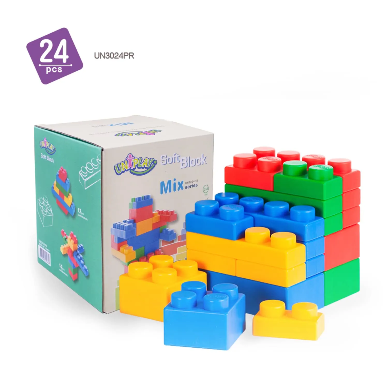 UNiPLAY Mix Soft Building Blocks - 24-Piece Set for Infant Early Learning, Cognitive Development, and Toddler Creative Play - Ages 3 Months 