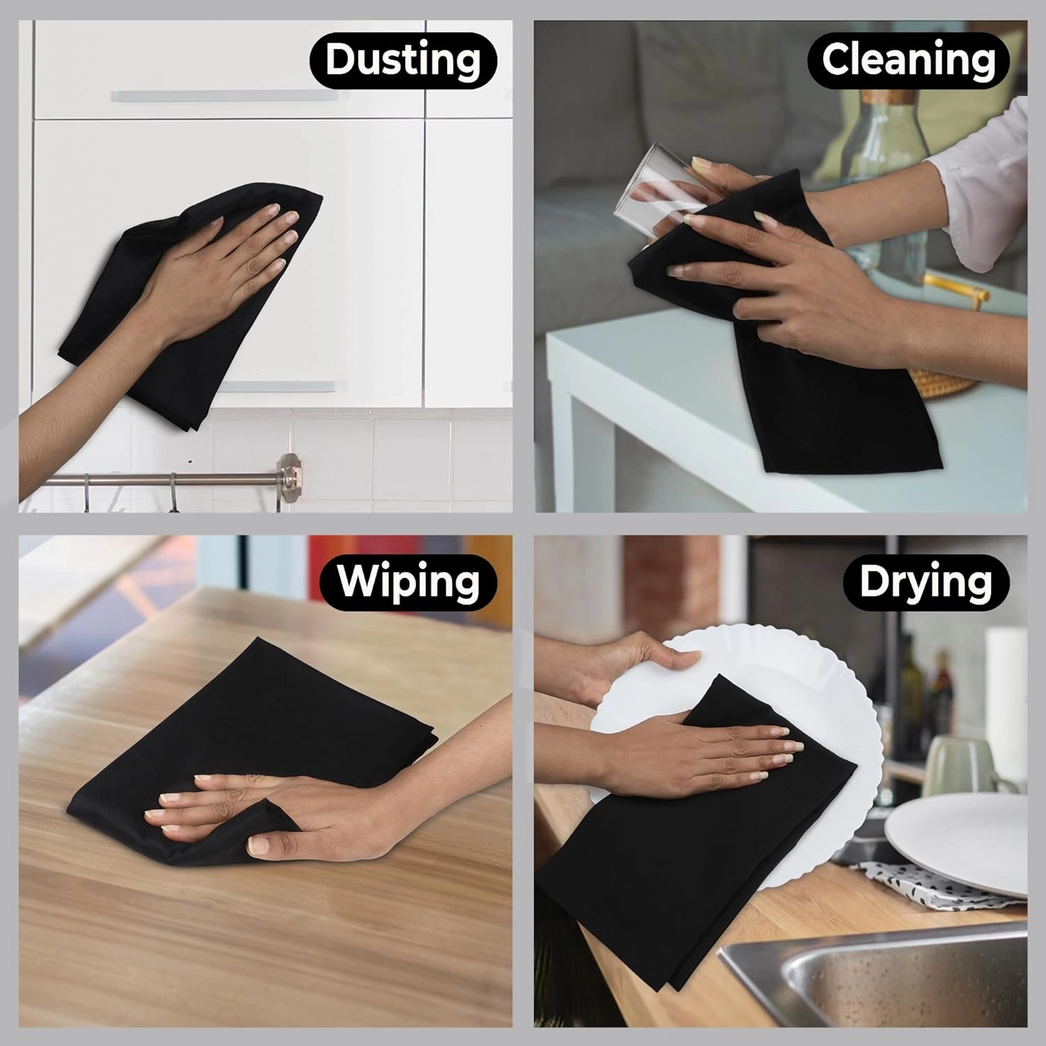 Urban Villa Black Kitchen Towels Set of 6 Premium Quality 100% Cotton Solid Kitchen Towels Ultra Soft Size 20X30 Inches Black Color Kitchen Towel Highly Absorbent Kitchen Towels
