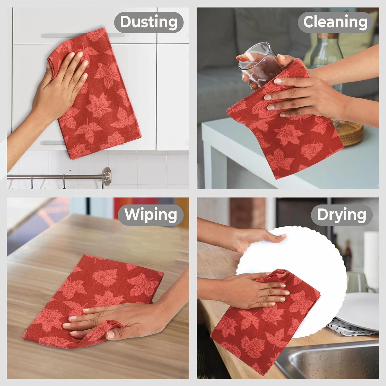 Urban Villa Harvest Kitchen Towel Brown Leaaves Print Premium Quality100% Cotton Thanks Giving Dish Towels Mitered Corners,(Size: 20X30 Inch) Highly Absorbent Bar Towels & Tea Towels - (Set of 6)
