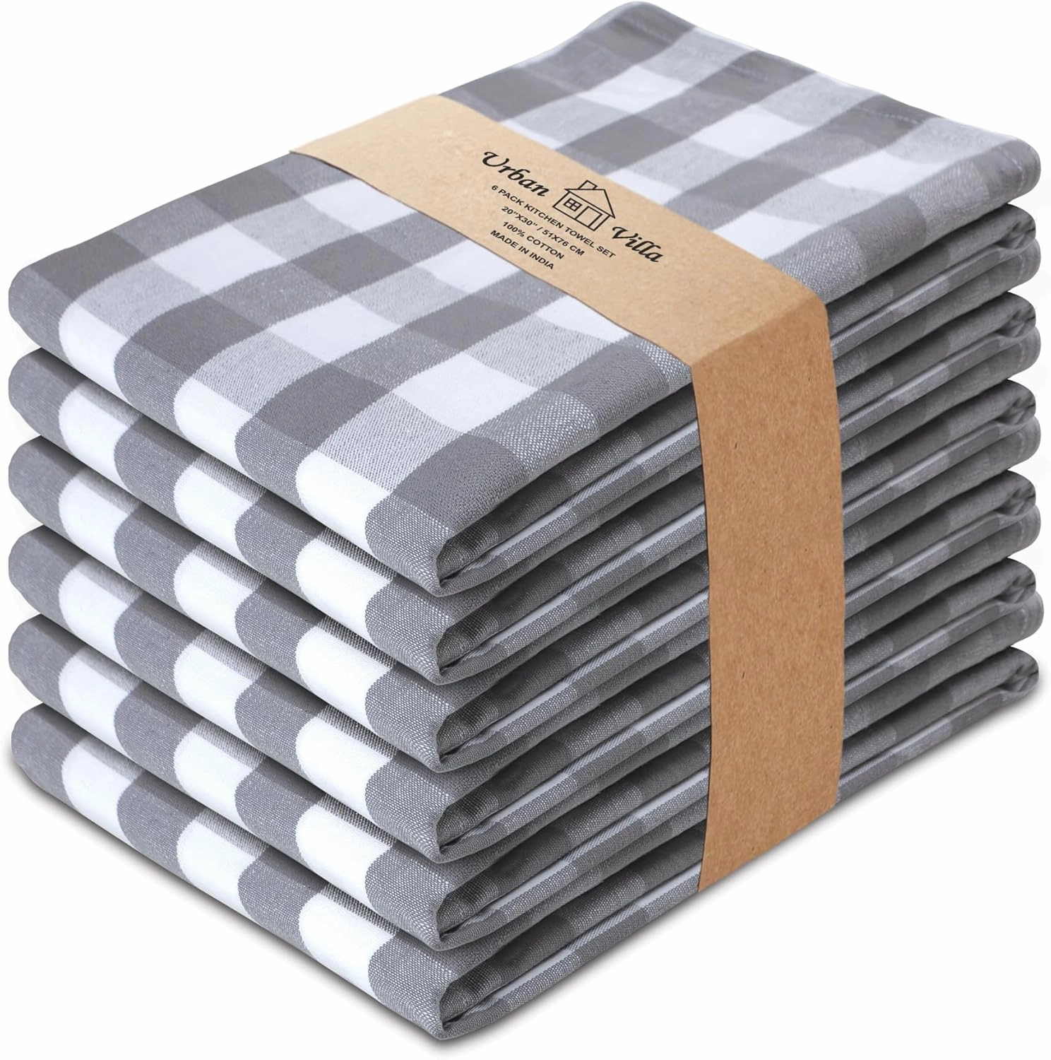 Urban Villa Kitchen Towels Set of 6 Buffalo Checks Grey/White Kitchen Towels 20X30 Inches 100% Cotton Highly Absorbent Kitchen Towels Premium Quality Ultra Soft Mitered Corners KitchenTowels