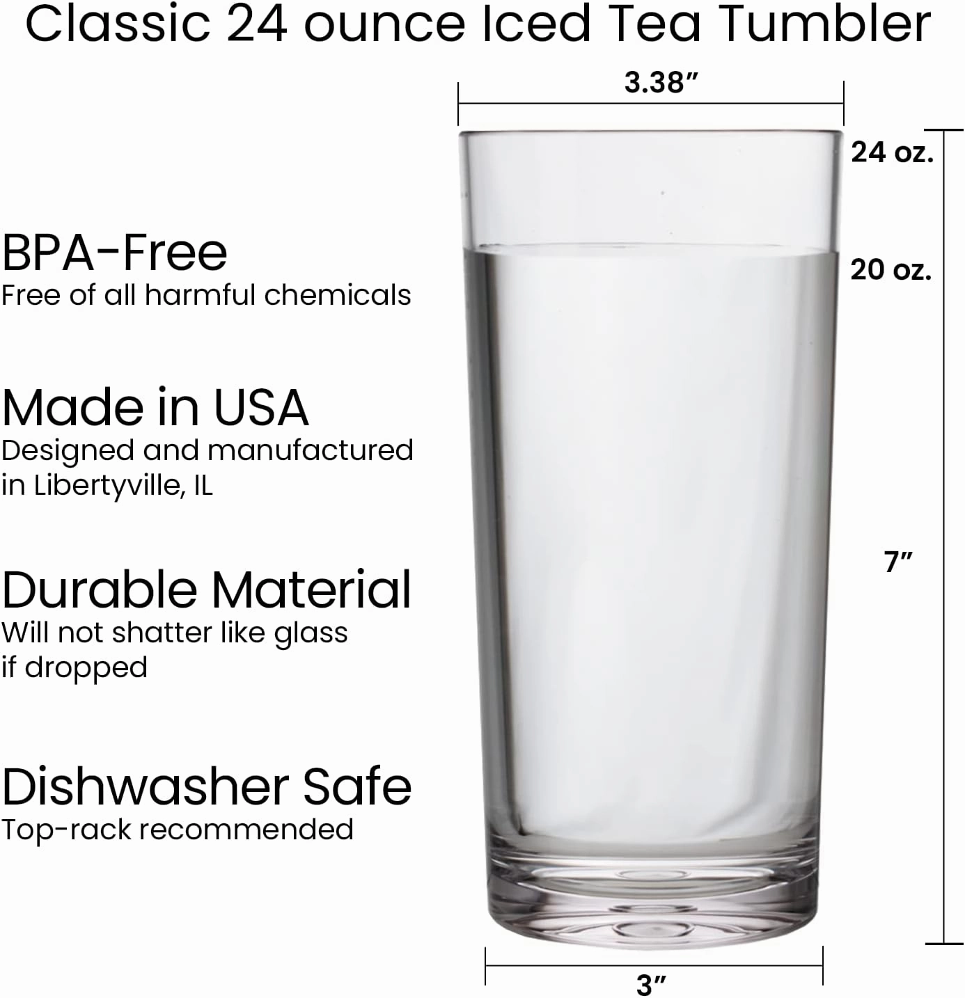 US Acrylic Classic Clear Plastic Reusable Drinking Glasses (Set of 6) 24oz Iced-Tea Cups | BPA-Free Tumblers, Made in USA | Top-Rack Dishwasher Safe