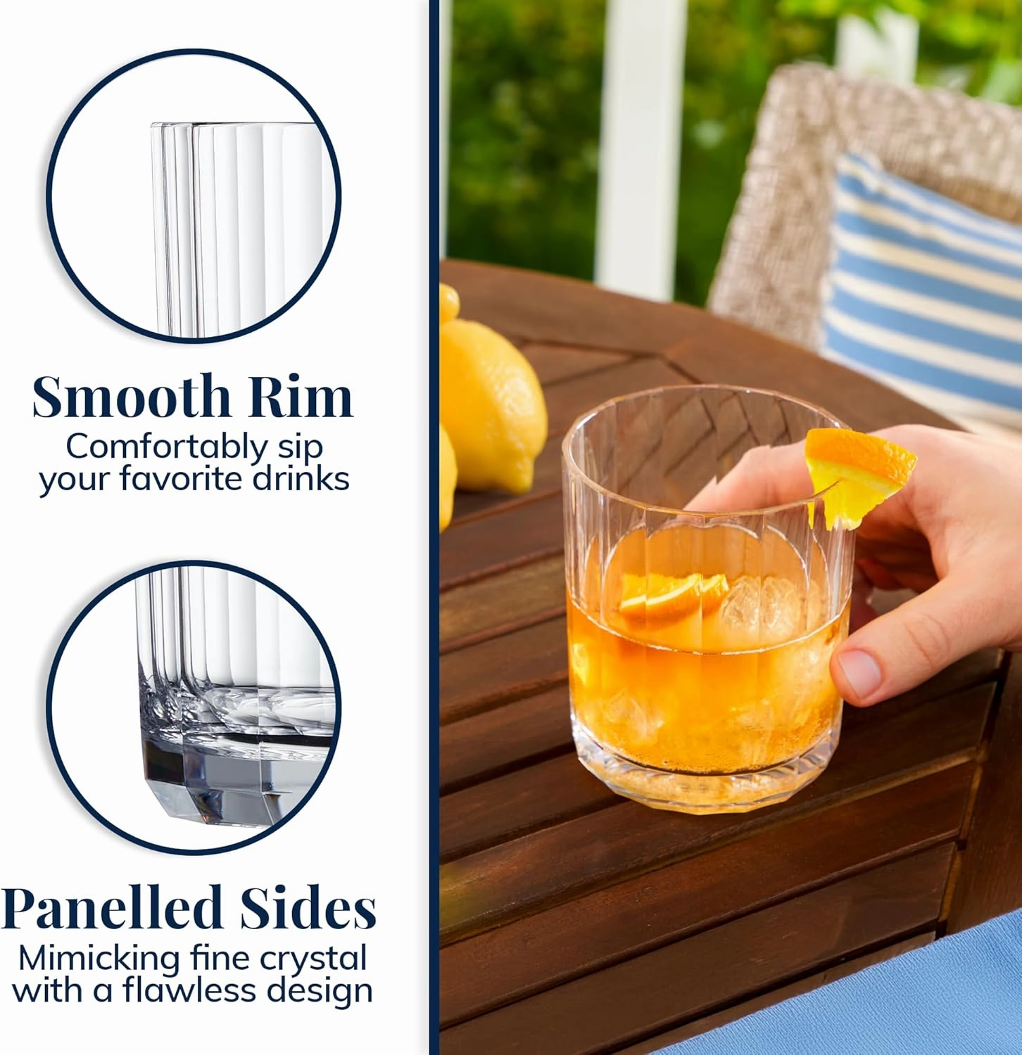 US Acrylic Faceted Clear Plastic Reusable Drinking Glasses (Set of 6) 14oz Rocks Cups | BPA-Free Tumblers, Made in USA | Top-Rack Dishwasher Safe