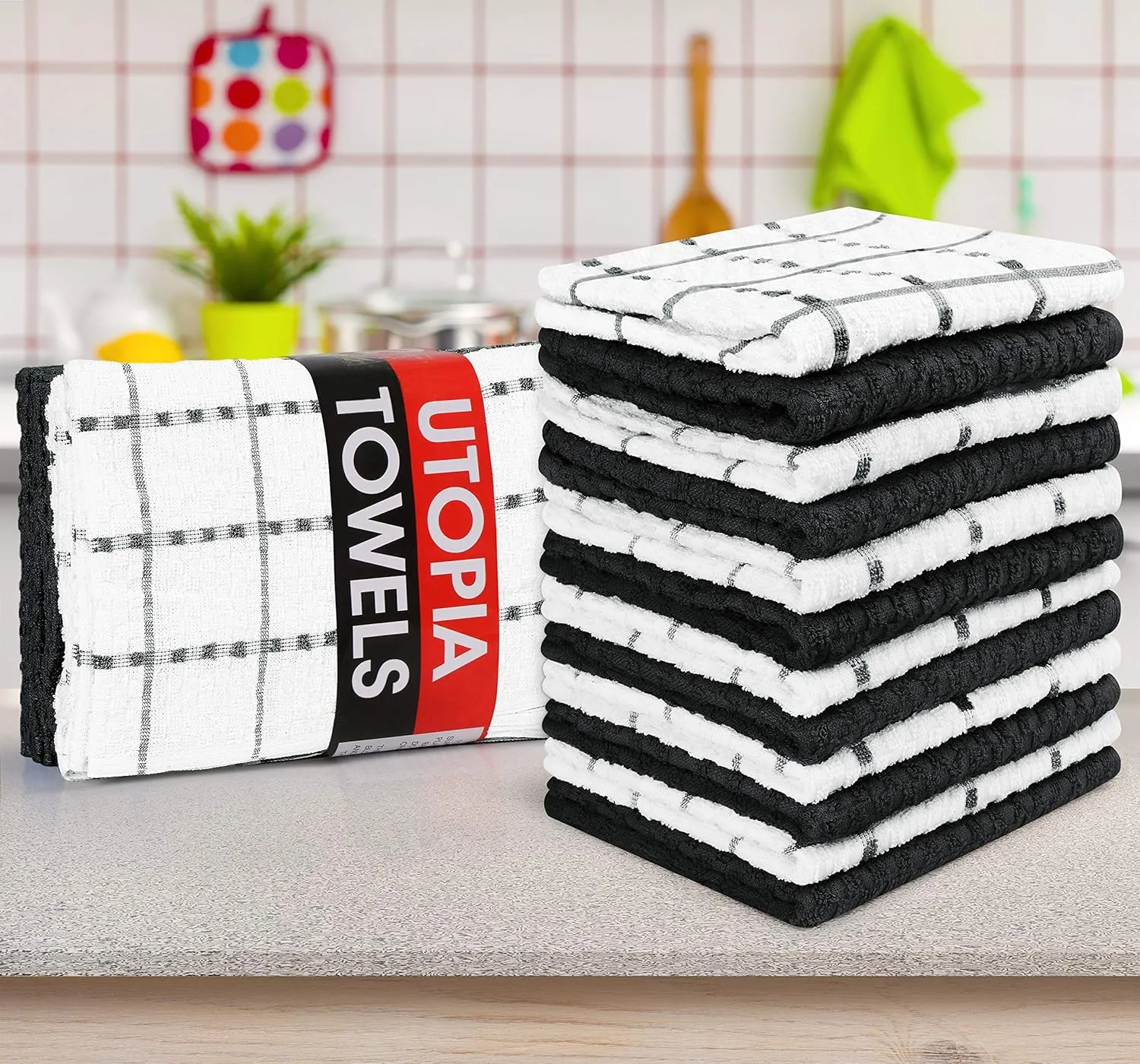Utopia Kitchen Towels 12 Pack, 15 by 25 Inches, 100% Ring Spun Cotton Super Soft and Absorbent Linen Dish, Tea and Bar Towels Set, Black
