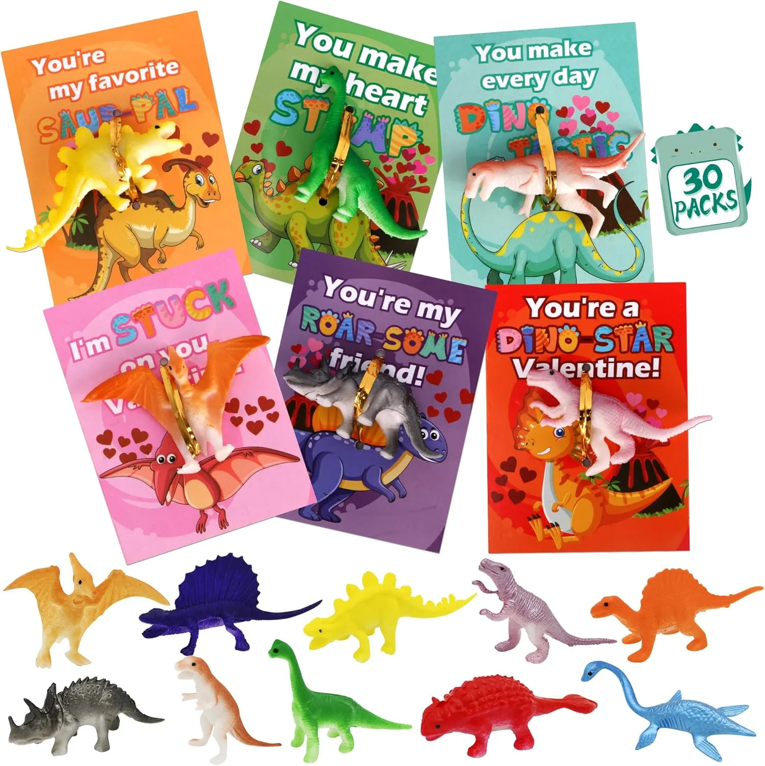 Valentines Day Cards for Kids School 30 Pcs Fun Mini Dinosaur Figure Toys with Cute Valentine Cards, Party Favors for School, Class Events, Valentine Gift Exchange Gift for Boys and Girls