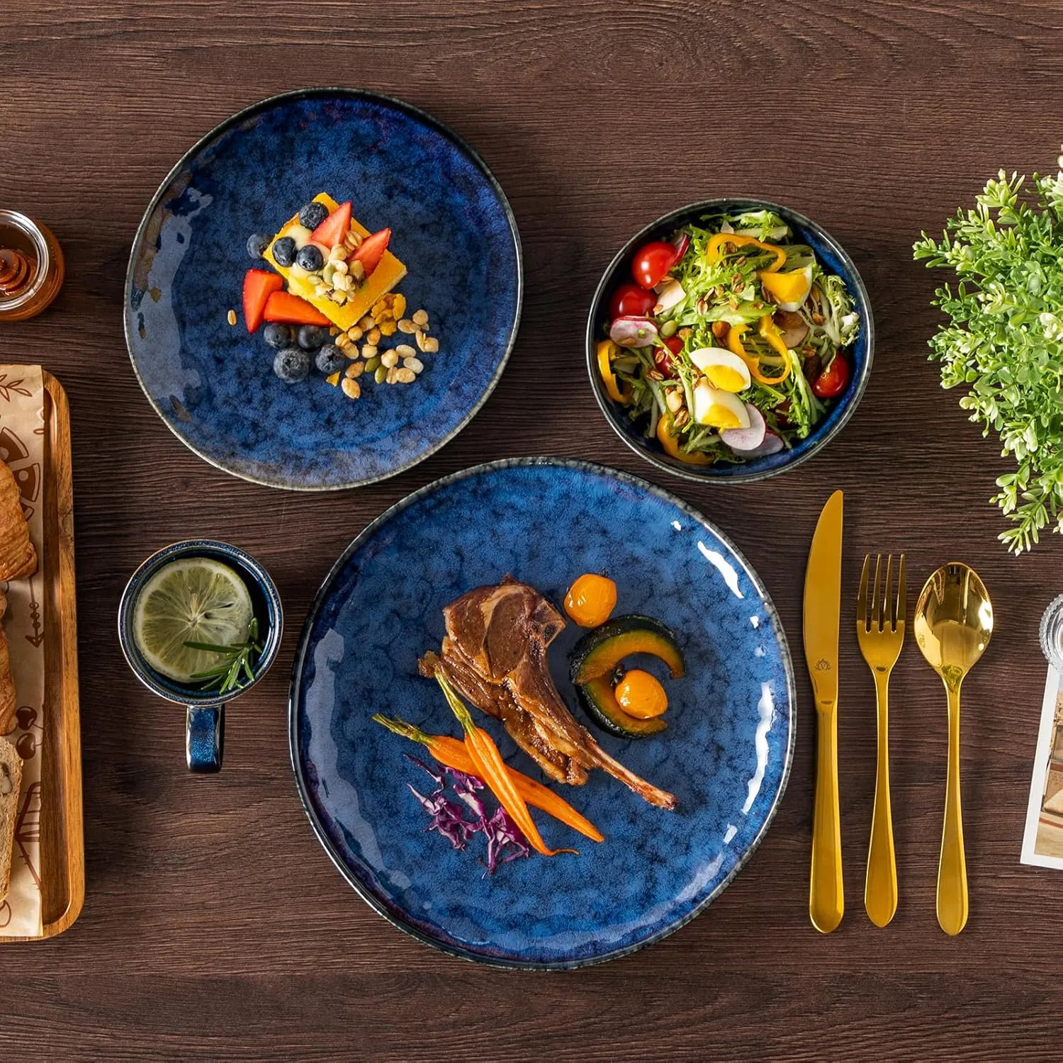 vancasso Starry 16-Pieces Dinnerware Set for 4, Reactive Glaze Blue Stoneware Plates and Bowls Set, Dishes Set with Mugs for 4, Microwave & Dishwasher Safe