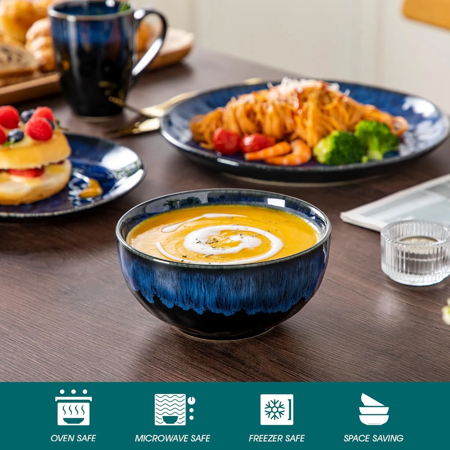 vancasso Starry 16-Pieces Dinnerware Set for 4, Reactive Glaze Blue Stoneware Plates and Bowls Set, Dishes Set with Mugs for 4, Microwave & Dishwasher Safe