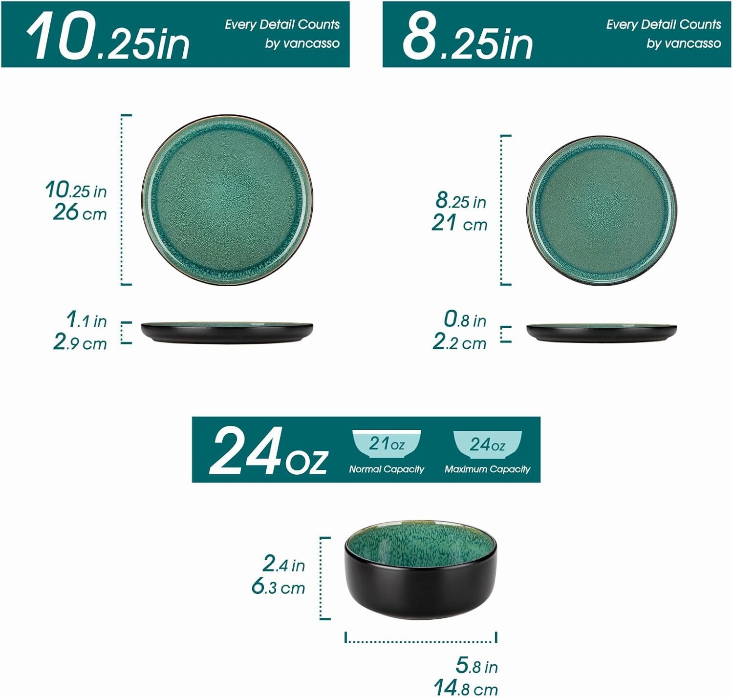 vancasso PLAYA Plates and Bowls Sets, 12 Pieces Stoneware Dinnerware Sets Dishes Set Modern kitchen Dishware Sets Service for 4, Dishwasher and Microwave Safe, Green