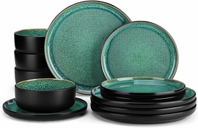 vancasso PLAYA Plates and Bowls Sets, 12 Pieces Stoneware Dinnerware Sets Dishes Set Modern kitchen Dishware Sets Service for 4, Dishwasher and Microwave Safe, Green