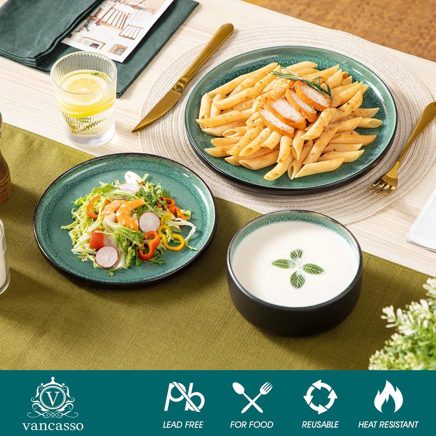vancasso PLAYA Plates and Bowls Sets, 12 Pieces Stoneware Dinnerware Sets Dishes Set Modern kitchen Dishware Sets Service for 4, Dishwasher and Microwave Safe, Green