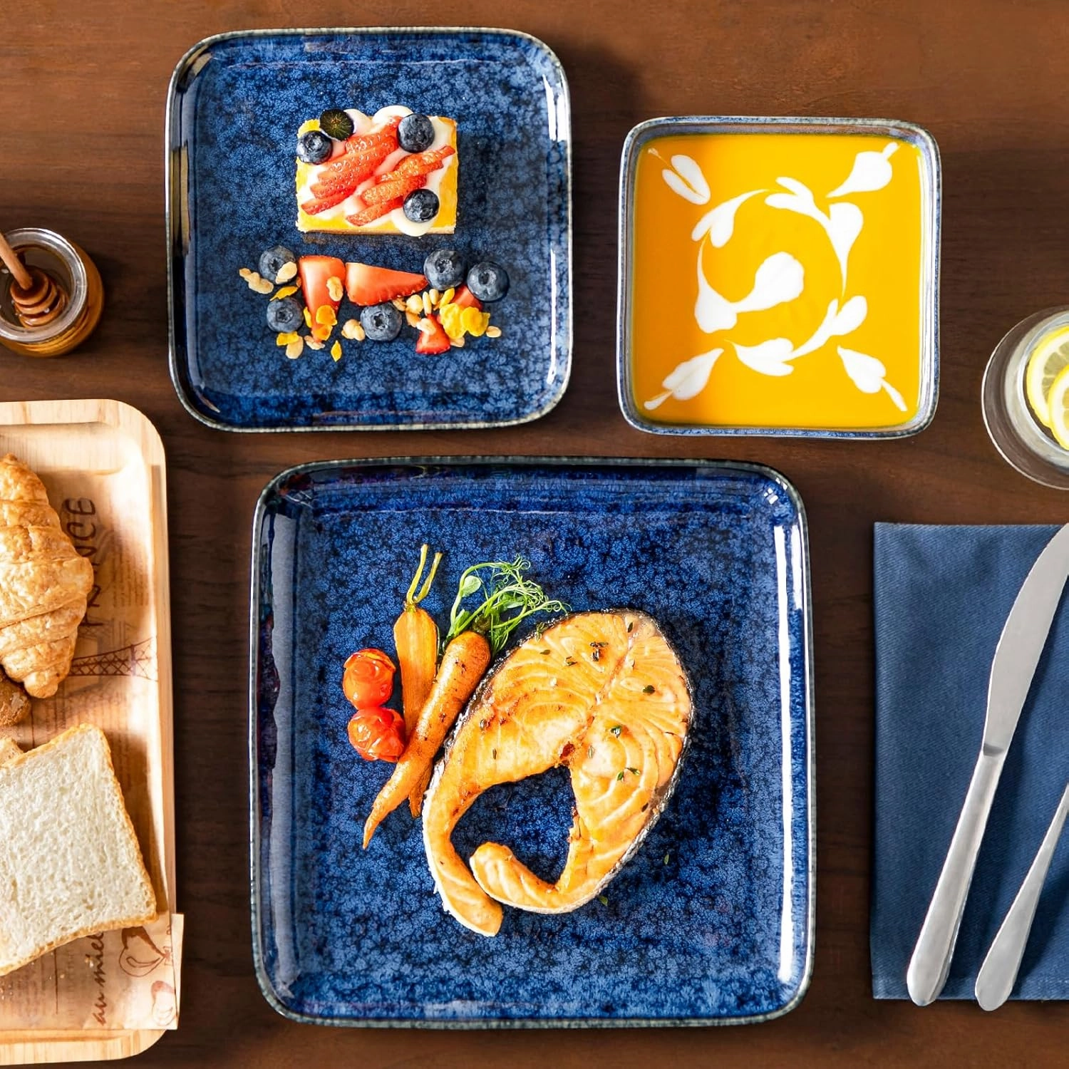 vancasso Stern Blue Dinner Set Square Reactive Glaze Tableware 12 Pieces Kitchen Dinnerware Stoneware Crockery Set with Dinner Plate, Dessert Plate, Bowl Service for 4