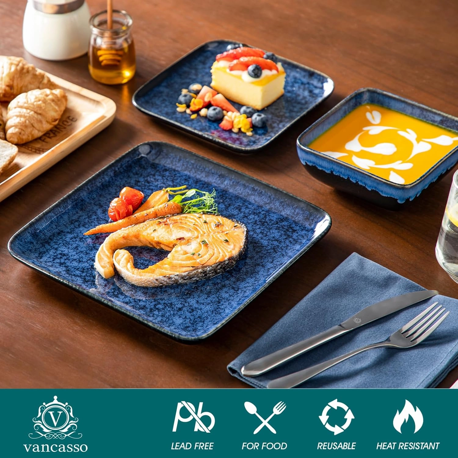 vancasso Stern Blue Dinner Set Square Reactive Glaze Tableware 12 Pieces Kitchen Dinnerware Stoneware Crockery Set with Dinner Plate, Dessert Plate, Bowl Service for 4