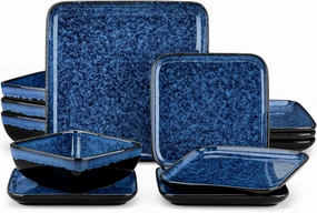 vancasso Stern Blue Dinner Set Square Reactive Glaze Tableware 12 Pieces Kitchen Dinnerware Stoneware Crockery Set with Dinner Plate, Dessert Plate, Bowl Service for 4