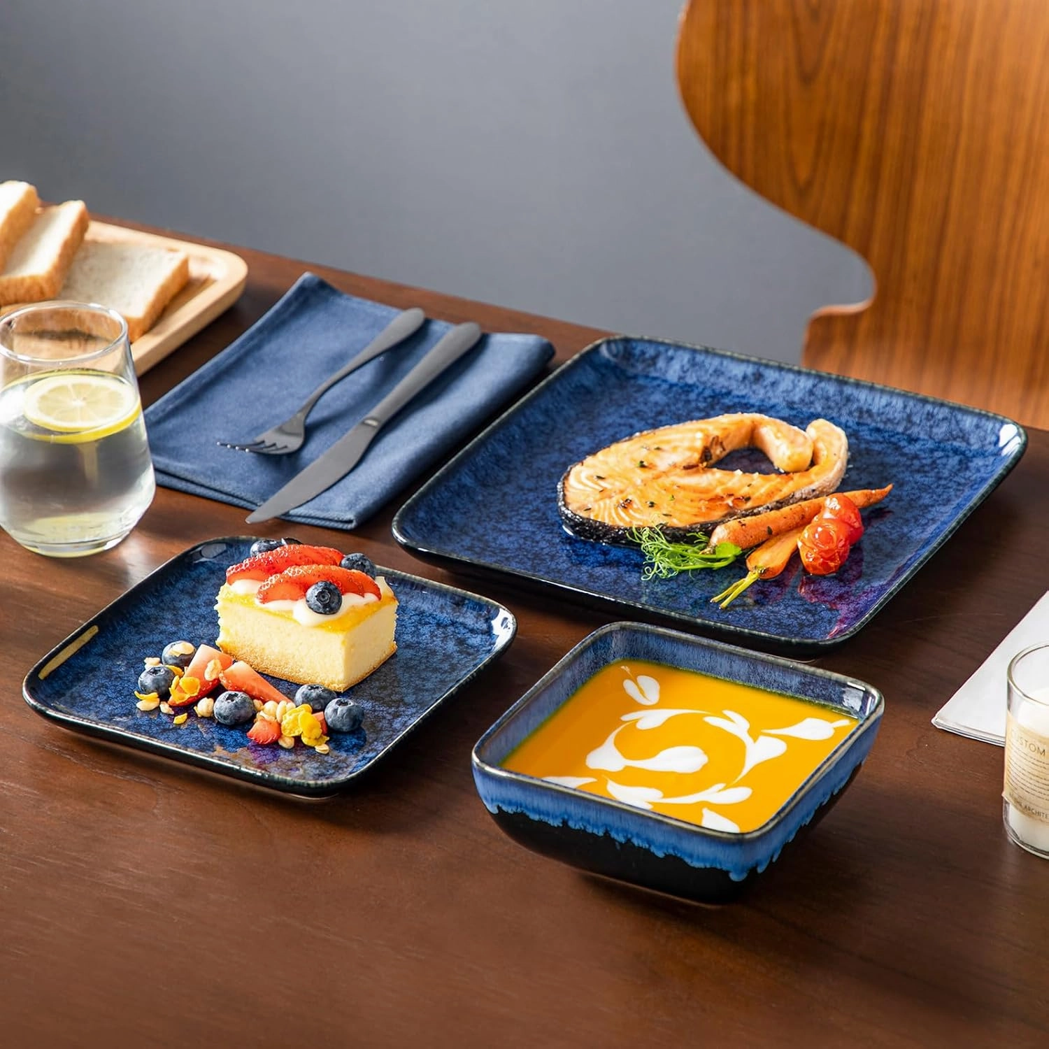 vancasso Stern Blue Dinner Set Square Reactive Glaze Tableware 12 Pieces Kitchen Dinnerware Stoneware Crockery Set with Dinner Plate, Dessert Plate, Bowl Service for 4
