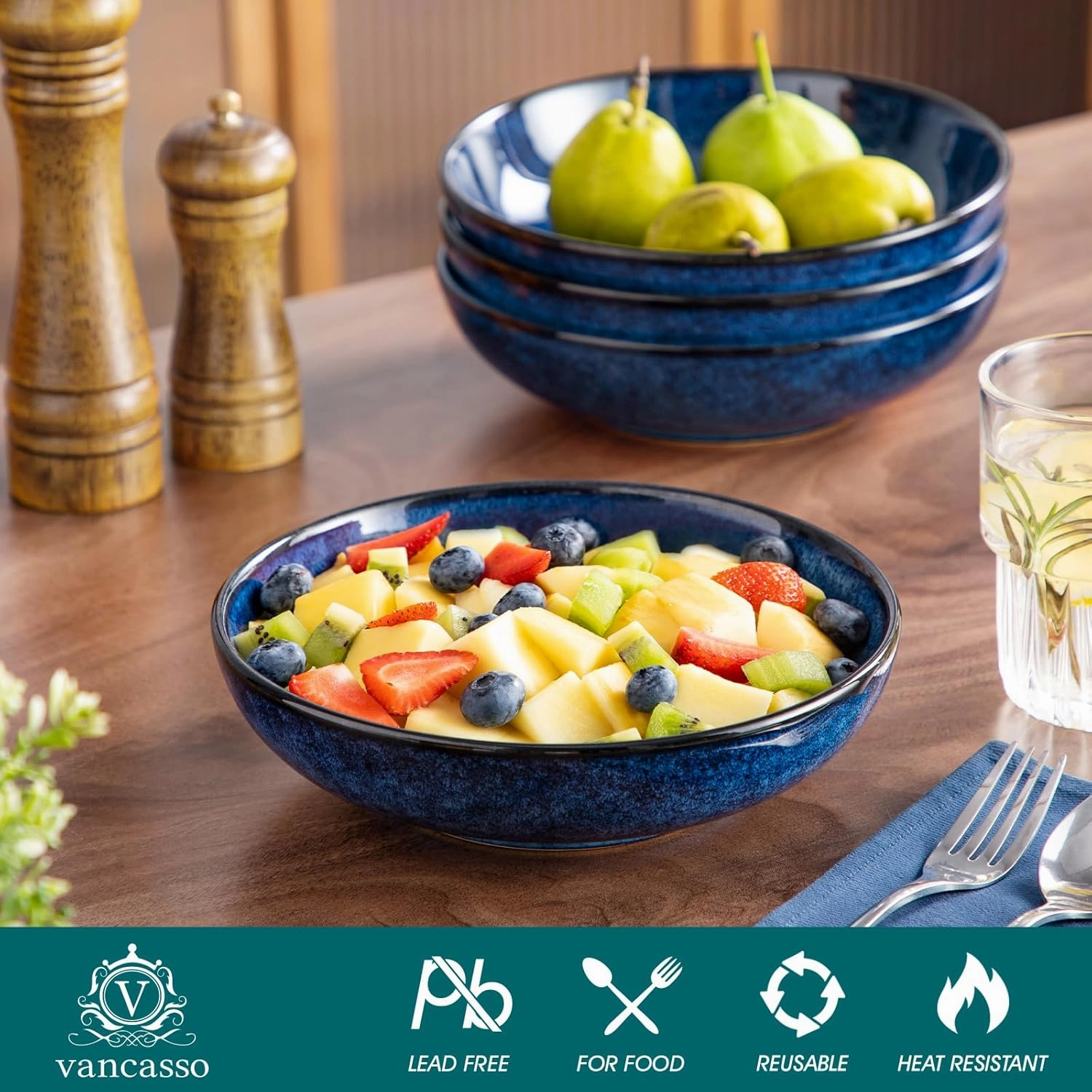 vancasso Stern Large Pasta Bowls Set of 4, 38 Oz Ceramic Salad Plate Bowls for Serving, Kitchen Stoneware Wide Bowls for Soup, Pasta, Salad, Cereals, Microwave Oven Safe, Reactive Glaze-Blue