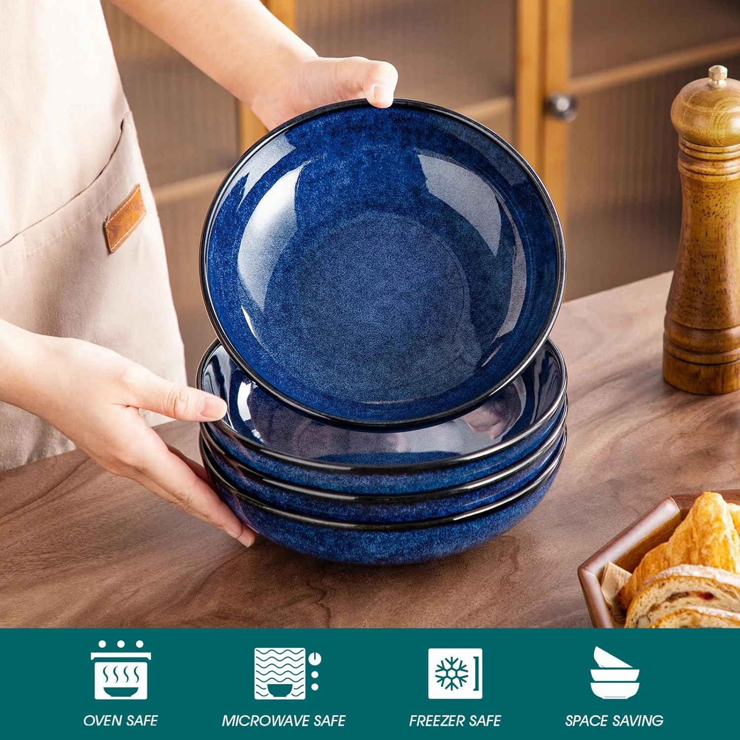 vancasso Stern Large Pasta Bowls Set of 4, 38 Oz Ceramic Salad Plate Bowls for Serving, Kitchen Stoneware Wide Bowls for Soup, Pasta, Salad, Cereals, Microwave Oven Safe, Reactive Glaze-Blue