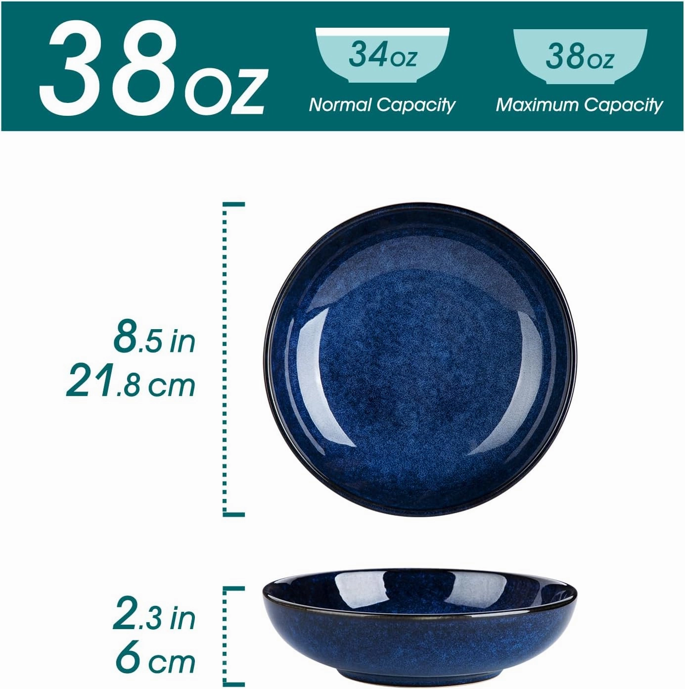 vancasso Stern Large Pasta Bowls Set of 4, 38 Oz Ceramic Salad Plate Bowls for Serving, Kitchen Stoneware Wide Bowls for Soup, Pasta, Salad, Cereals, Microwave Oven Safe, Reactive Glaze-Blue