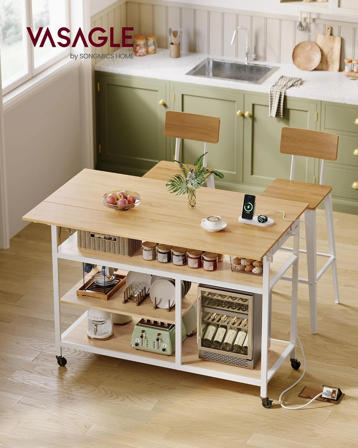 VASAGLE Kitchen Island with Drop Leaf, 47.2" Width Rolling Kitchen Cart with Power Strip, Extendable Worktop, Workbench,Pegboard, Adjustable Shelf, Golden Oak and Cloud White UKKI013Y01