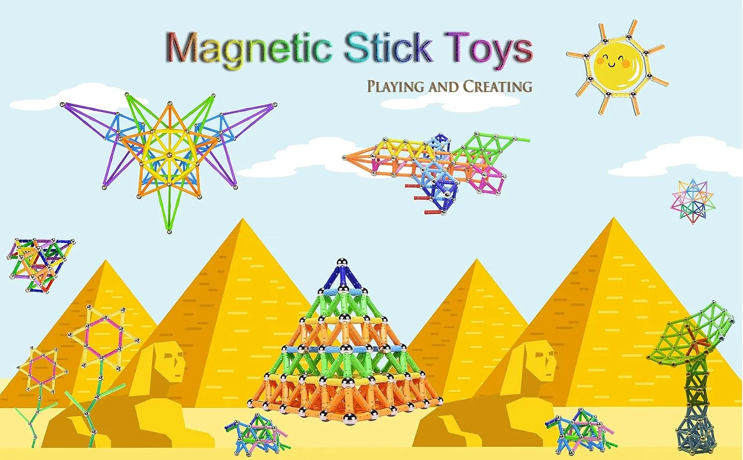 Veatree 150 Pcs Magnetic Building Sticks Blocks, 3D Non-Toxic Educational STEM Toys for Kids and Adults, Includes Storage Bag